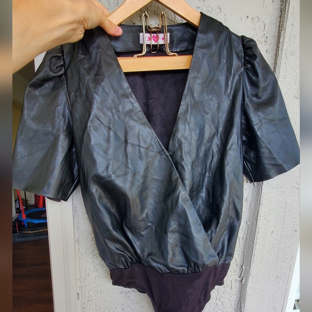 Buddy Love Black Vegan Leather V Neck Wrap Top Bodysuit S